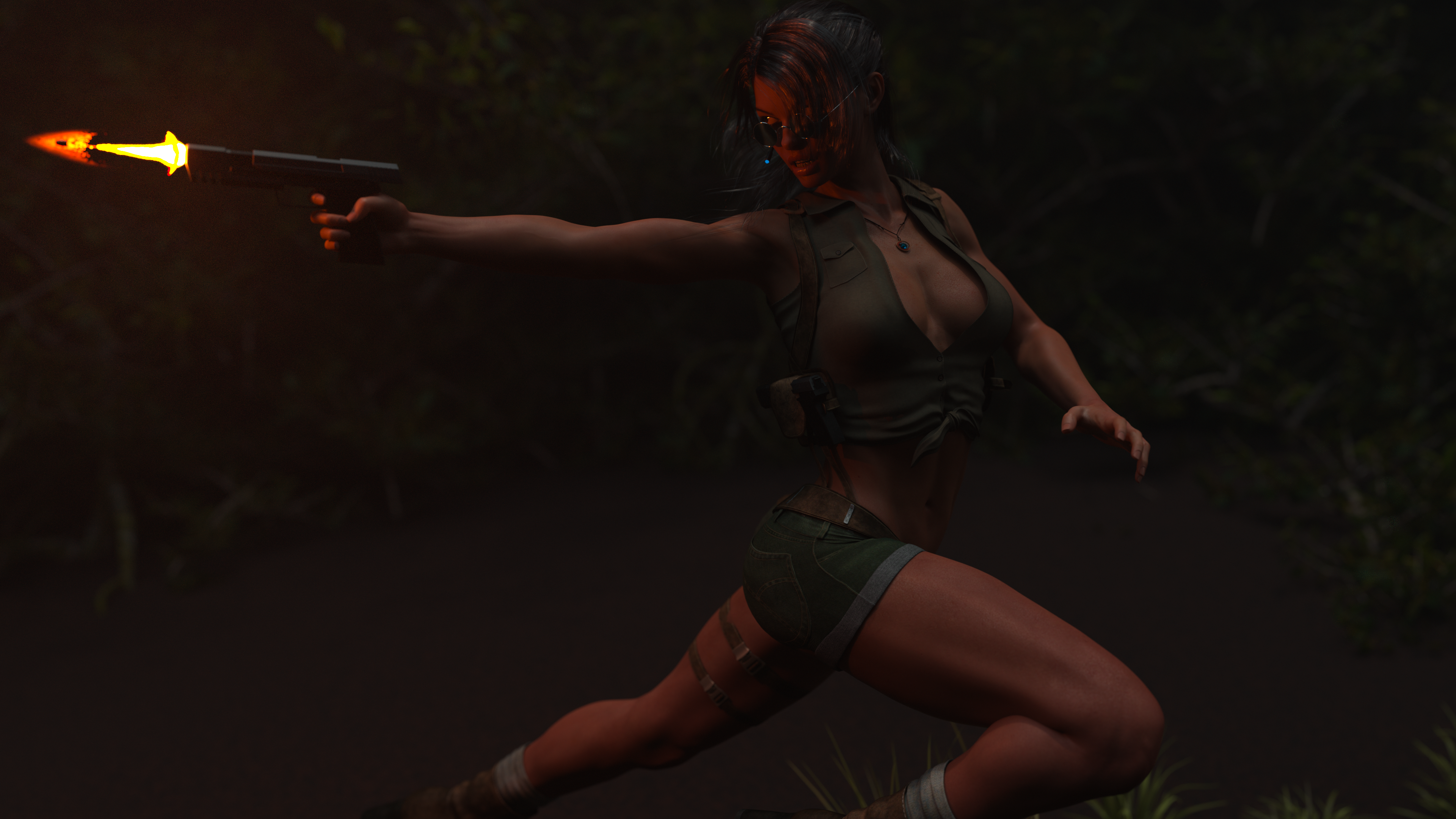 Lara shooting at something